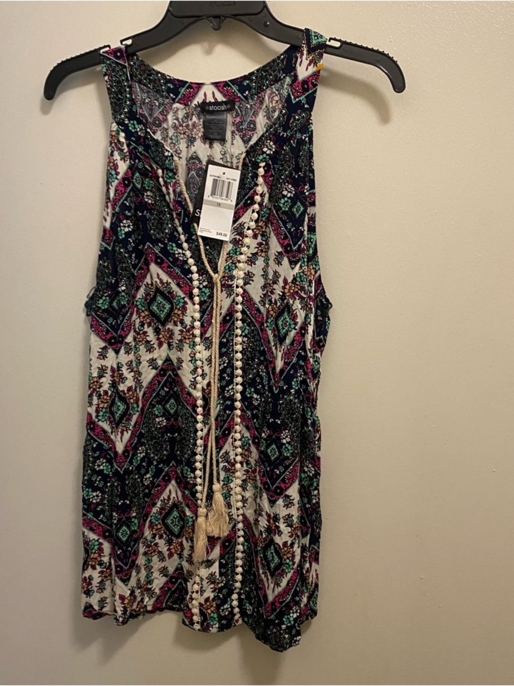 Stoosh Womens Boho Tank Top 1X XL Bust 50” Teal Pink Black Print New NWT $49